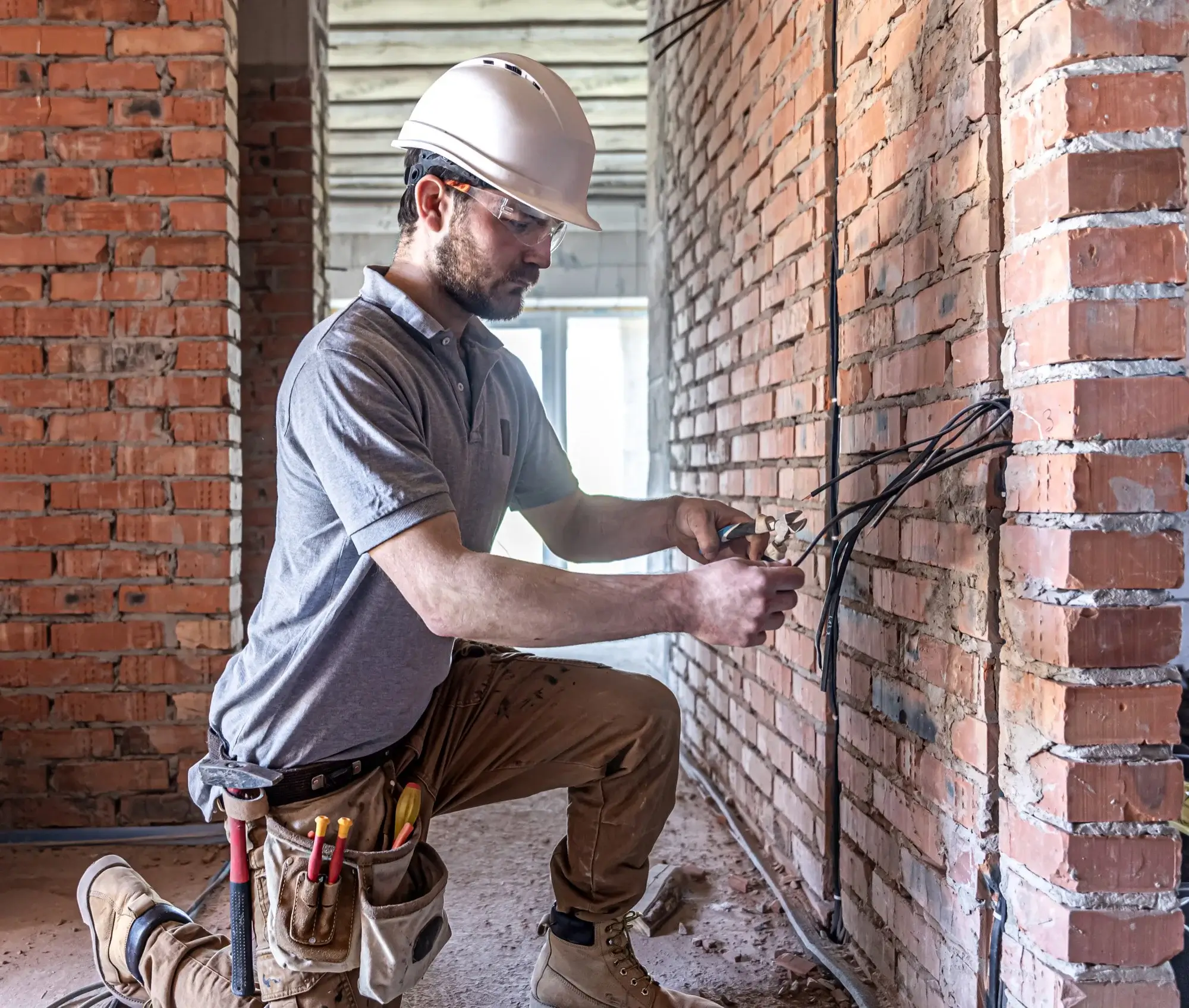 Electrician in white hard hat kneeling on a tool belt to install black cables along an exposed brick wall during a renovation