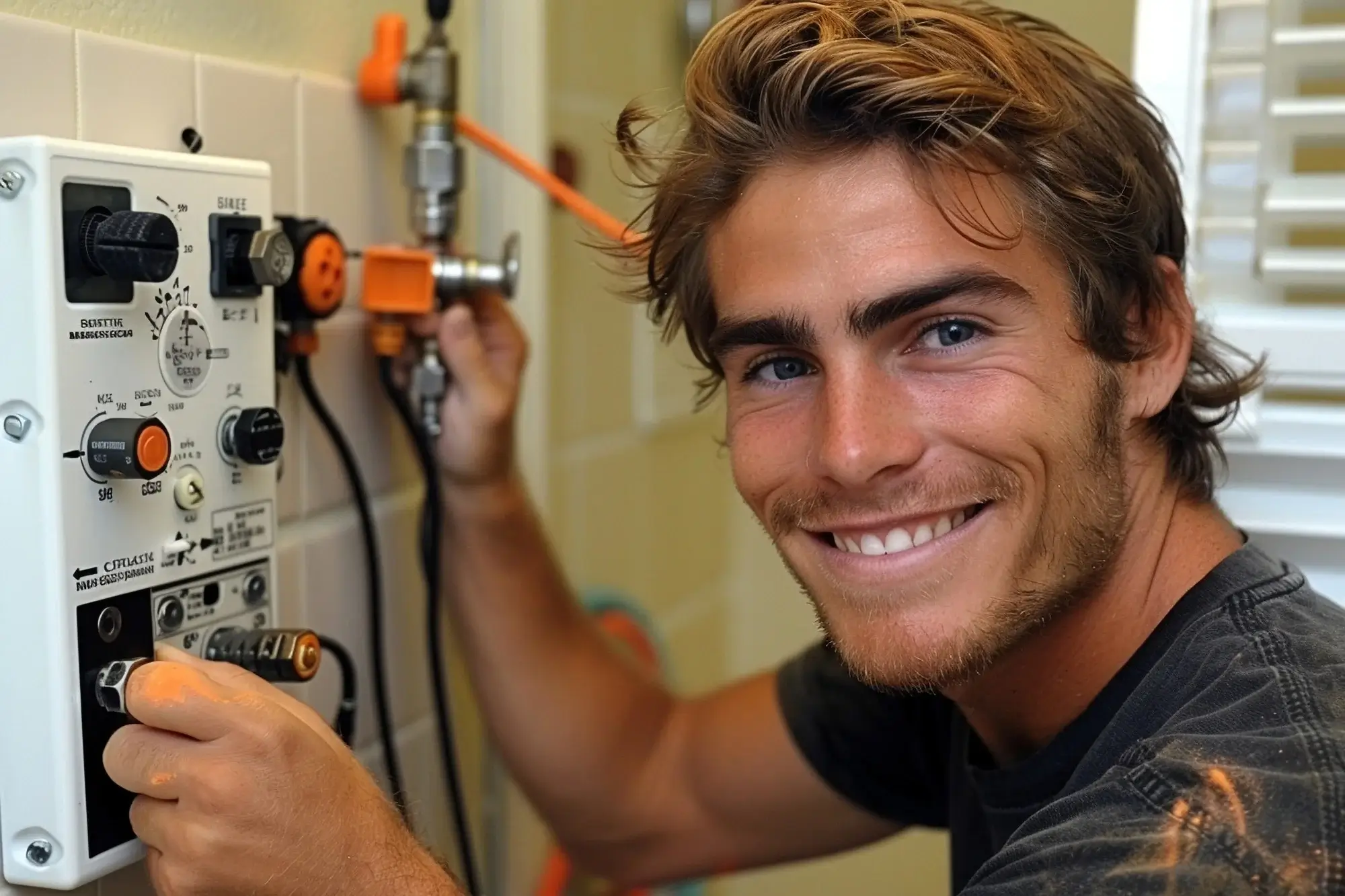 Smiling young electrician in a dark t-shirt adjusting an electrical control box mounted to a tiled bathroom wall