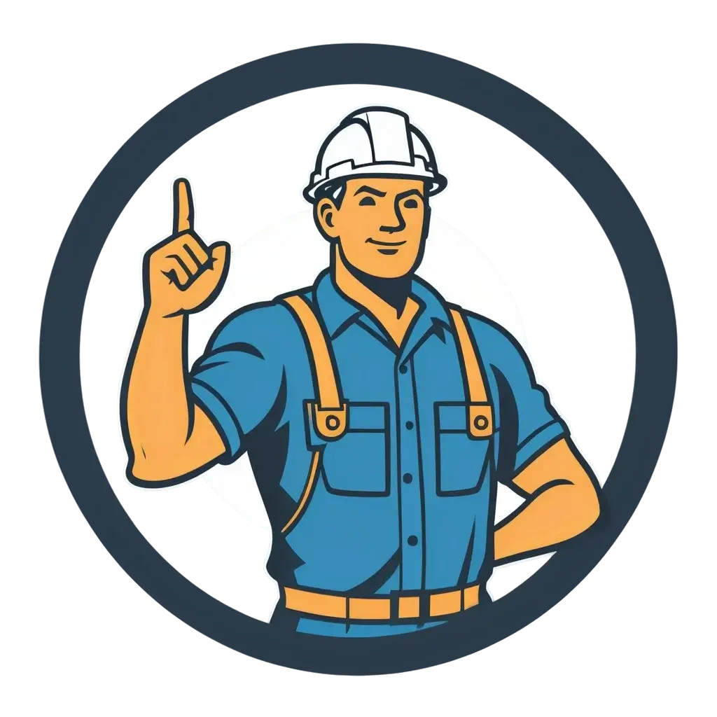 Cartoon electrician character in white hard hat and blue overalls inside a circular badge, finger raised to give a tip