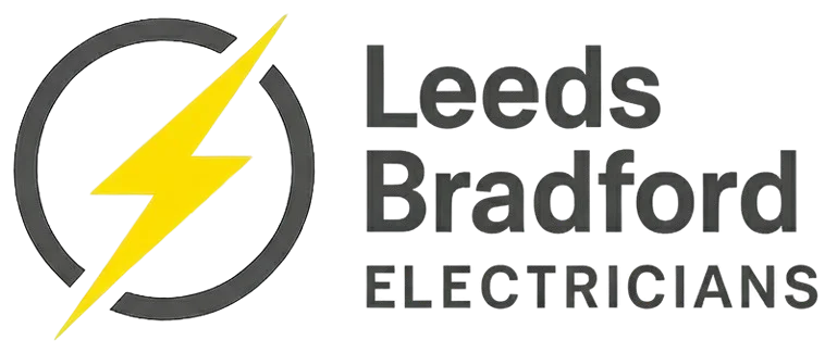Leeds Bradford Electricians logo with a yellow lightning bolt inside a grey circular emblem