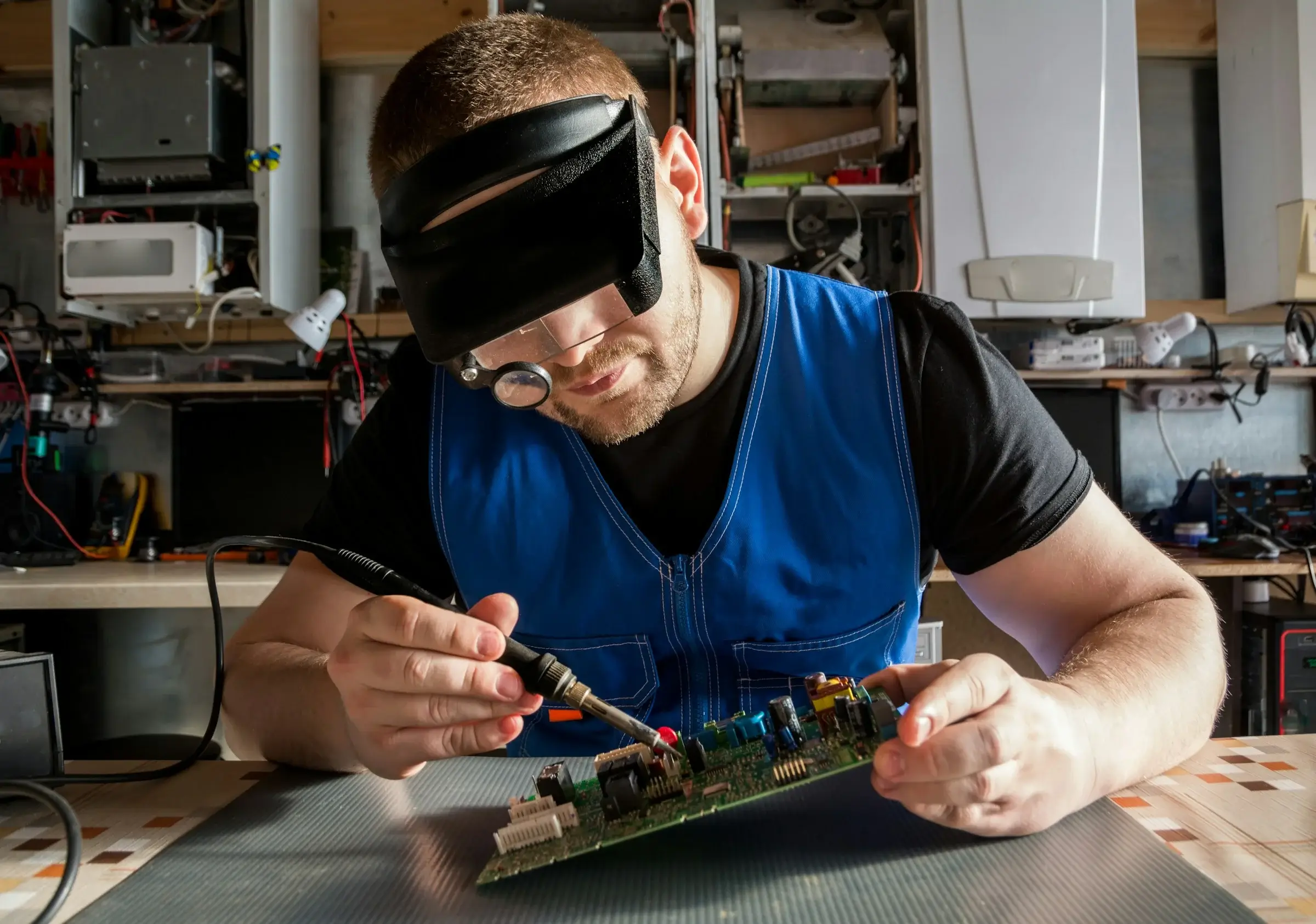 Electronics technician wearing magnifying goggles soldering components on a printed circuit board at a workbench
