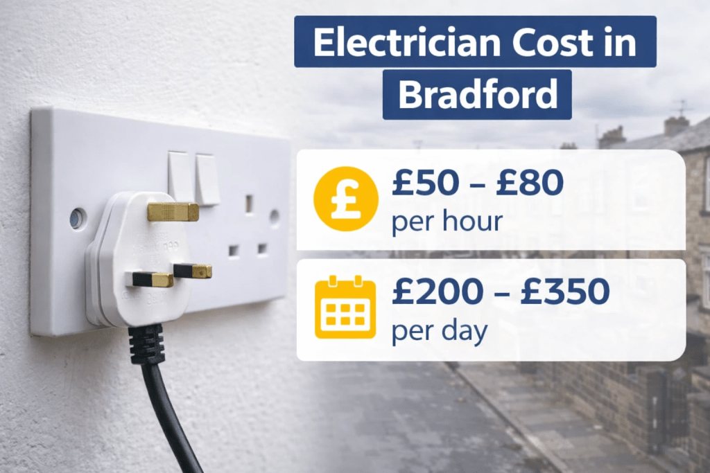 Electrician cost in Bradford £50 to £80 per hour and £200 to £350 per day UK electrician pricing guide