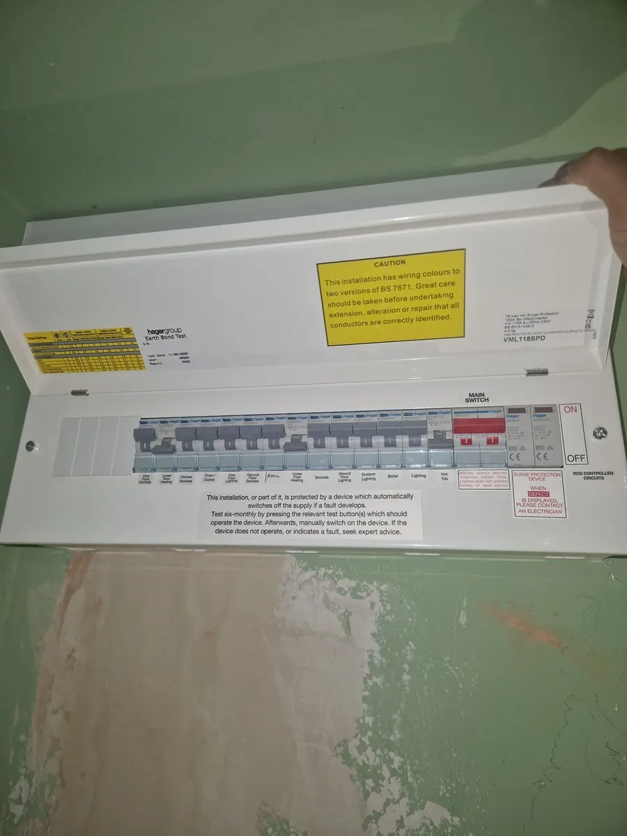 Hager 18-way full RCBO consumer unit with Type 2 SPD and clearly labelled circuits, the certified standard we hand over on a Leeds board replacement
