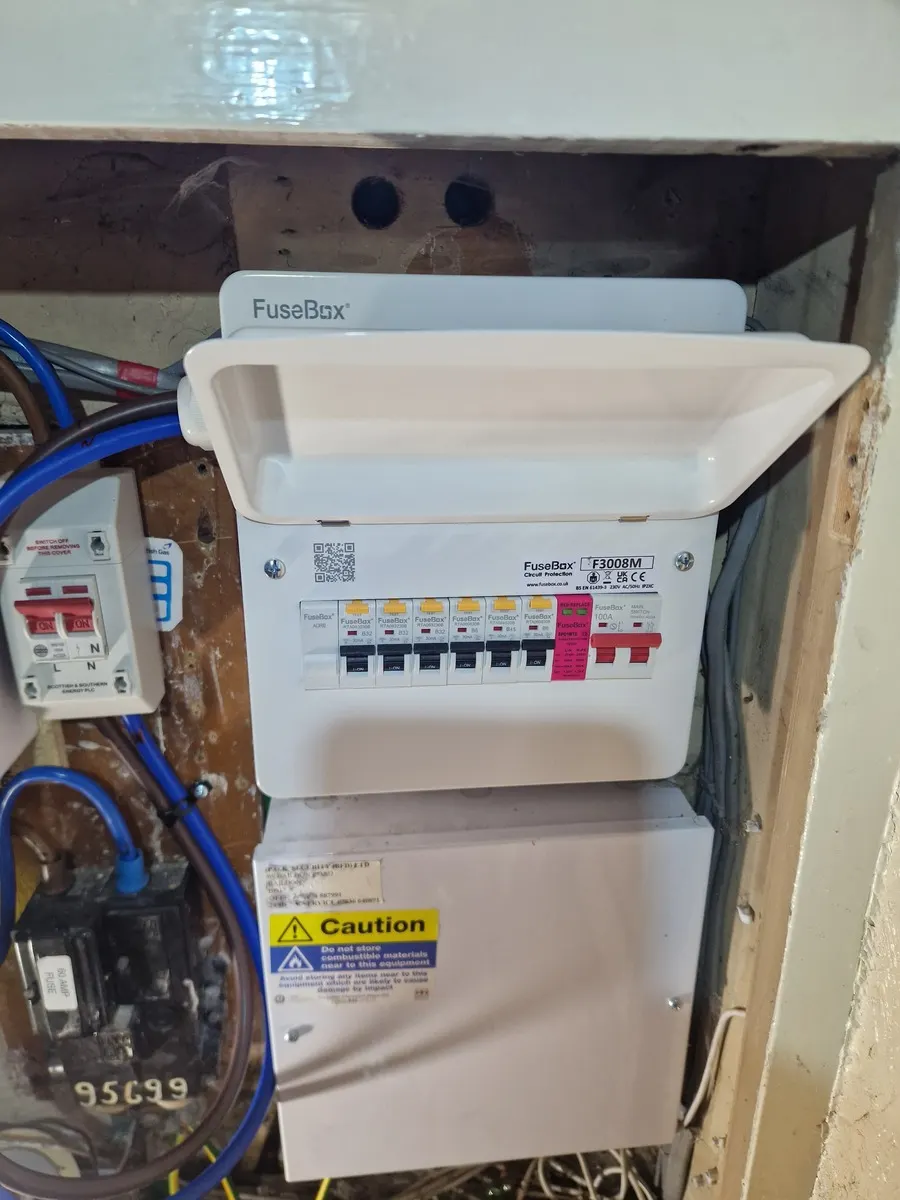 New under-stairs full RCBO consumer unit with labelled circuits fitted during a fuse board replacement, the standard we fit on Leeds jobs